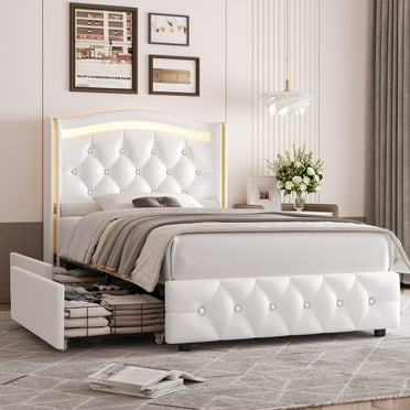 Homfa Twin Size LED Bed Frame with 4 Storage Drawers, PU Leather Upholstered Platform Bed with Crystal Buttons Headboard, White