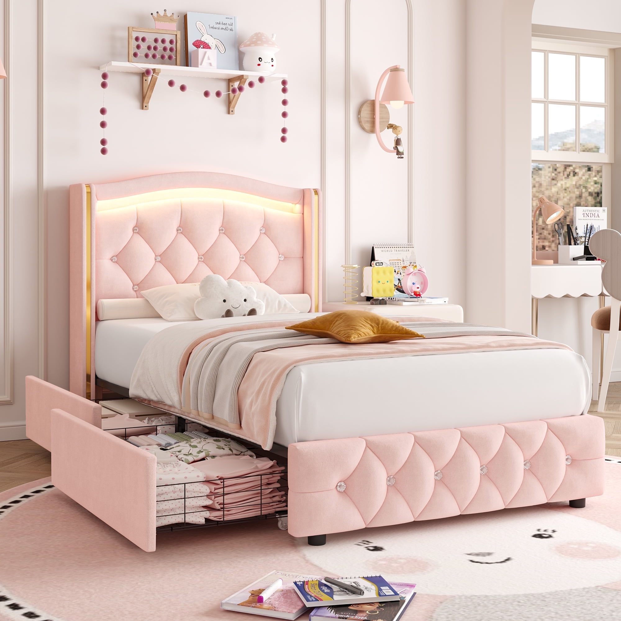 Homfa Twin Size LED Bed Frame with 4 Storage Drawers, Velvet