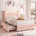 thumbnail image 1 of Homfa Twin Size LED Bed Frame with 4 Storage Drawers, Velvet Upholstered Platform Bed with Crystal Buttons Headboard, Pink, 1 of 7