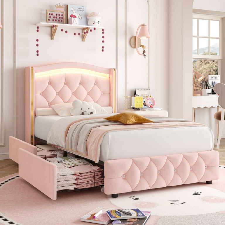 Homfa Twin Size LED Bed Frame with 4 Storage Drawers Velvet Upholstered Platform Bed with Crystal Buttons Headboard Pink Walmart