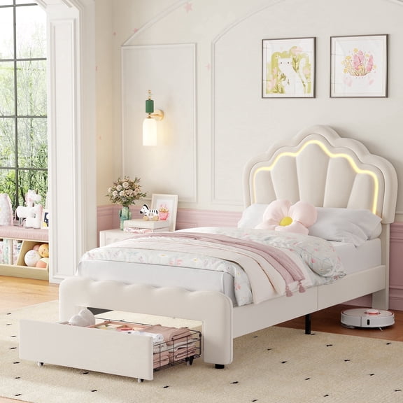 Homfa Twin Size LED Bed Frame with Storage Drawers, Velvet Upholstered Platform Bed with Adjustable Petal Headboard, RGB LED Lights Bed for Bedroom, Beige
