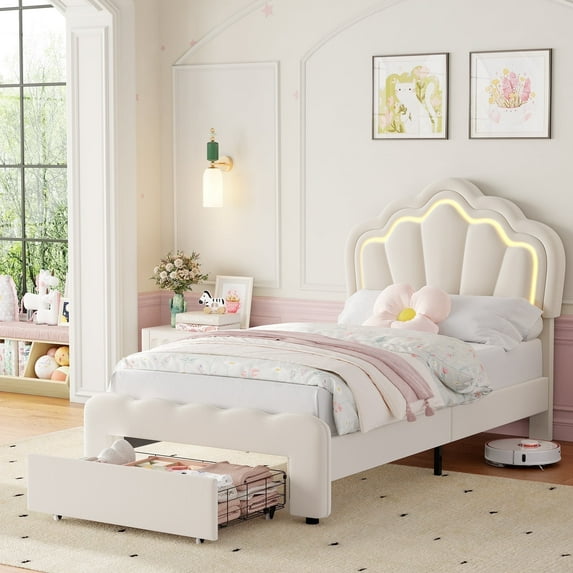 Homfa Twin Size LED Bed Frame with Drawer, Velvet Upholstered Platform Bed Frame with Adjustable Petal Headboard for Kid, Beige