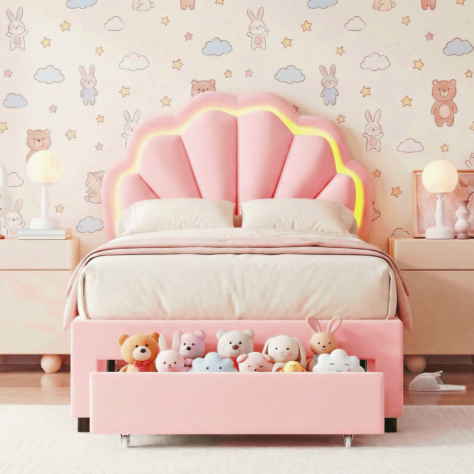 Homfa Pink Twin Bed with Storage Drawers and LED Light, Adjustable ...