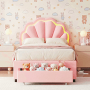 Homfa Twin Bed Frame with LED Light & Storage Drawer, Upholstered Platform Bed with Adjustable Petal Headboard, Pink Velvet