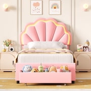 Homfa Twin Bed Frame with LED Light & Storage Drawer, Upholstered Platform Bed with Adjustable Petal Headboard, Pink Velvet