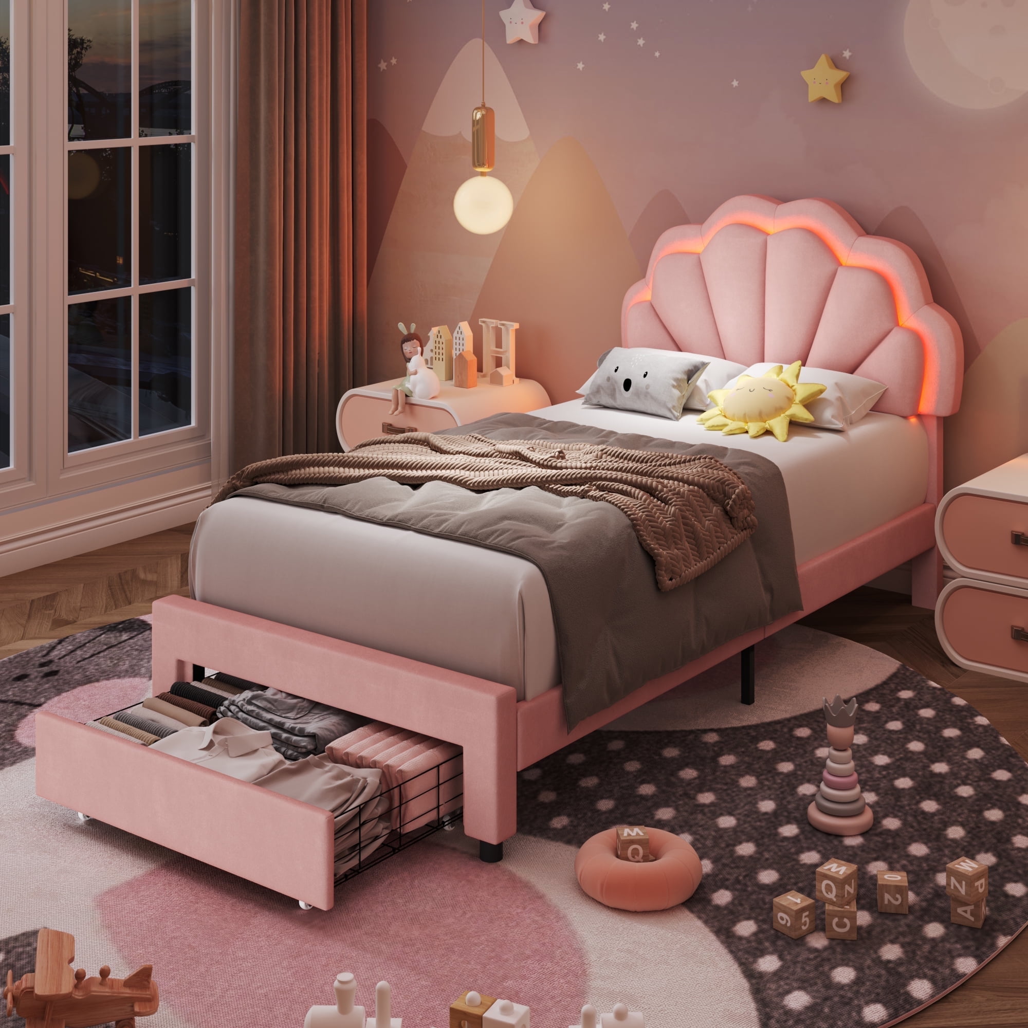 Homfa Twin Size LED Bed Frame with Drawer, Velvet Upholstered Platform Bed with Adjustable Petal Headboard for Kid, Pink Homfa Twin Size LED Bed Frame with Drawer, Velvet Upholstered Platform Bed with Adjustable Petal Headboard for Kid, Pink