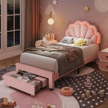 Homfa Twin Size LED Bed Frame with Drawer, Velvet Upholstered Platform Bed with Adjustable Petal Headboard for Kid, Pink