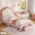 thumbnail image 1 of Homfa Twin Size LED Bed Frame with Drawer, Velvet Upholstered Platform Bed Frame with Adjustable Petal Headboard, Pink, 1 of 9