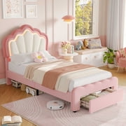 Homfa Twin Size LED Bed Frame with Drawer, Velvet Upholstered Platform Bed Frame with Adjustable Petal Headboard, Pink