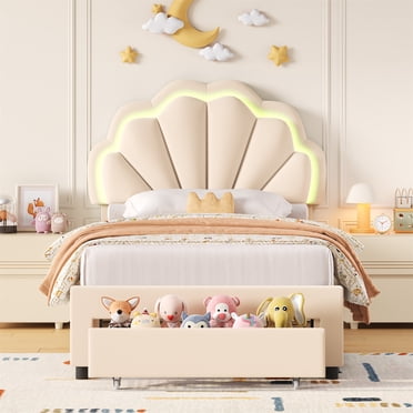 Homfa Twin Bed Frame with LED Light & Storage Drawer, Upholstered Platform Bed with Adjustable Petal Headboard, Beige Velvet