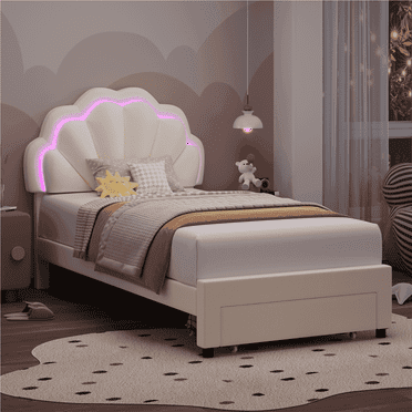 Homfa Twin Size LED Bed Frame with Drawer, Velvet Upholstered Platform Kids Bed with Adjustable Petal Headboard, Beige