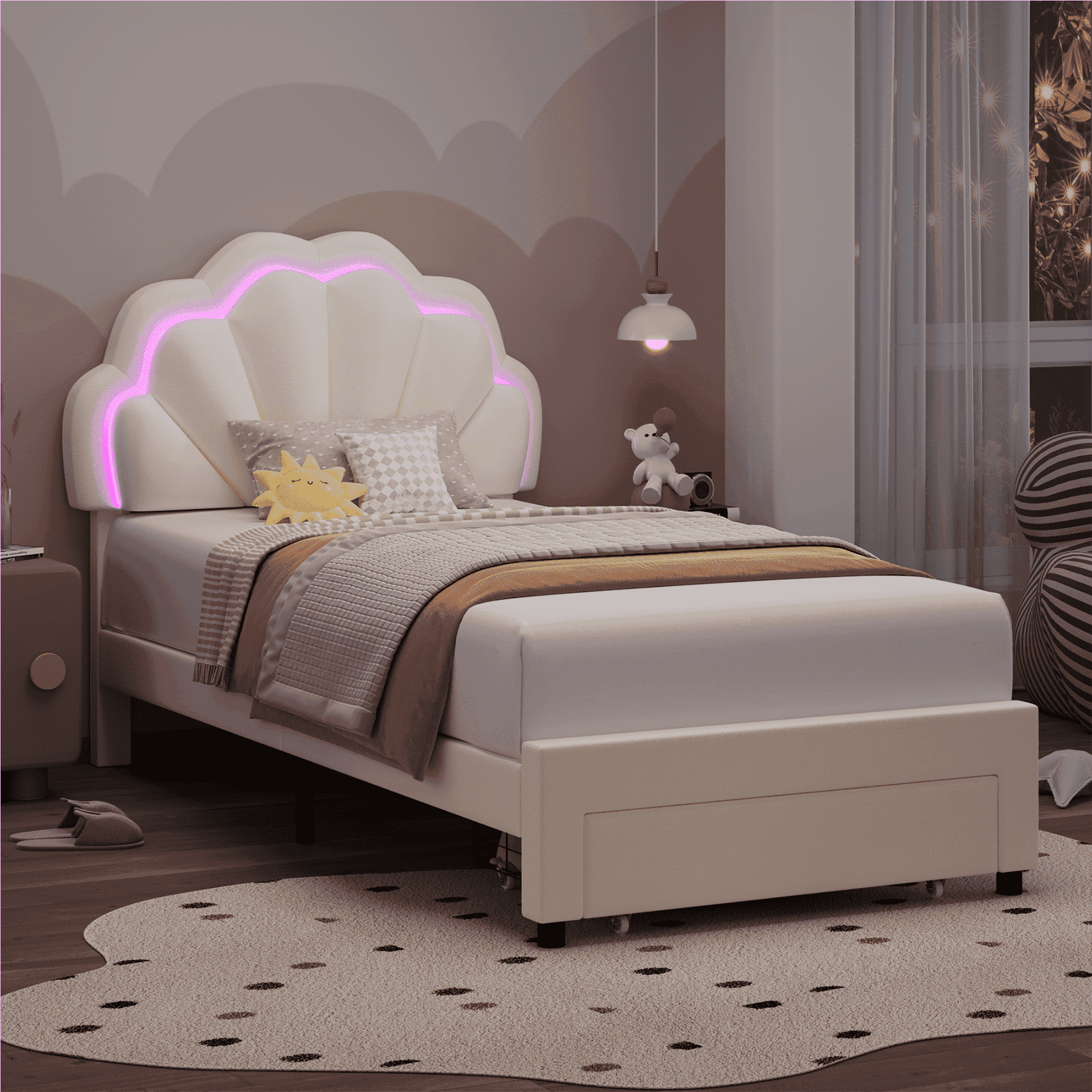 Homfa Twin Size LED Bed Frame with Drawer, Velvet Upholstered Platform Kids Bed with Adjustable Petal Headboard, Beige