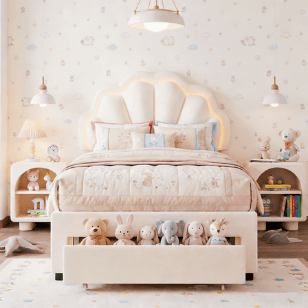 Homfa Twin Bed Frame with Storage & LED Light, Velvet Upholstered Platform Twin Bed with Adjustable Petal Headboard, Beige