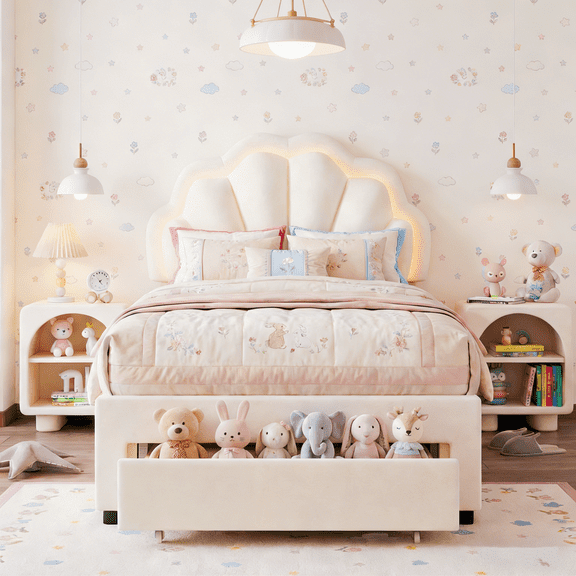 Homfa Twin Bed Frame with Storage & LED Light, Velvet Upholstered Platform Twin Bed with Adjustable Petal Headboard, Beige