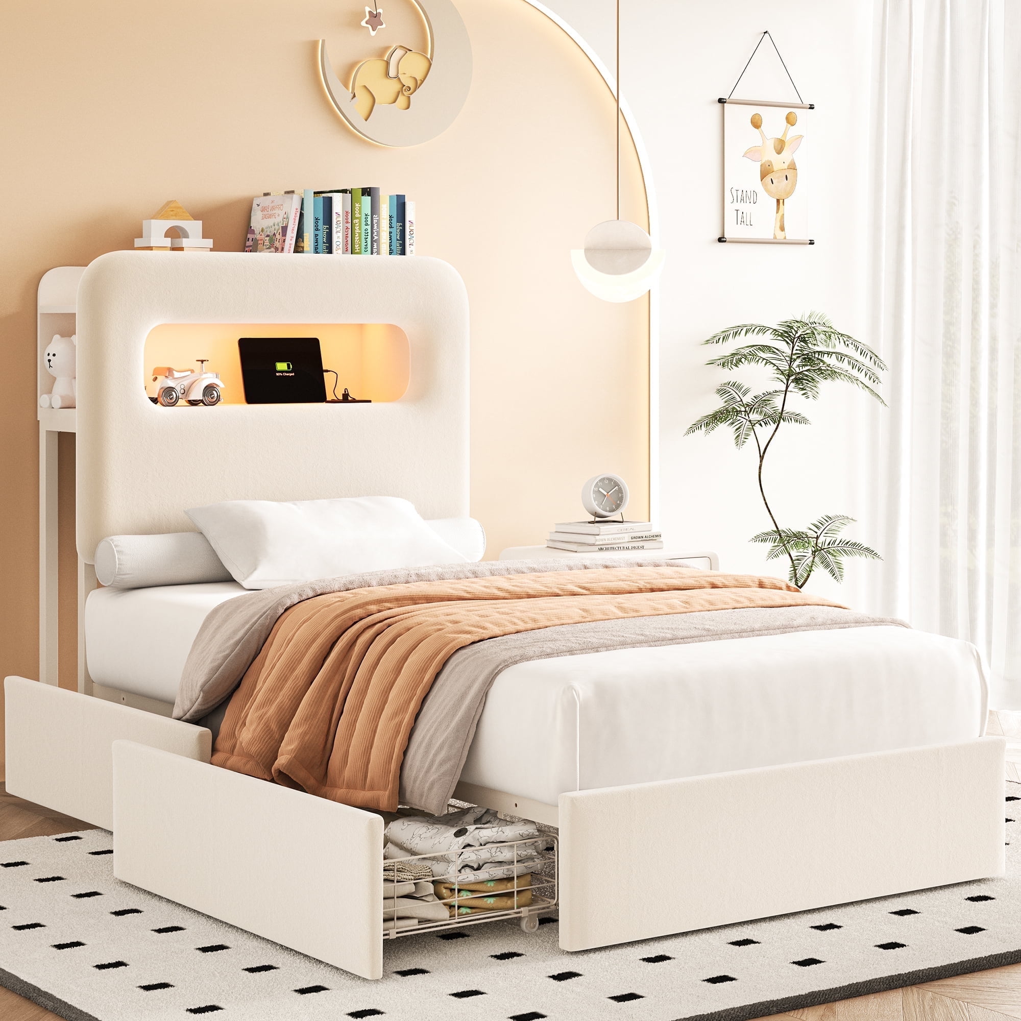 Homfa Twin Bed Frame, Velvet Upholstered Platform with LED