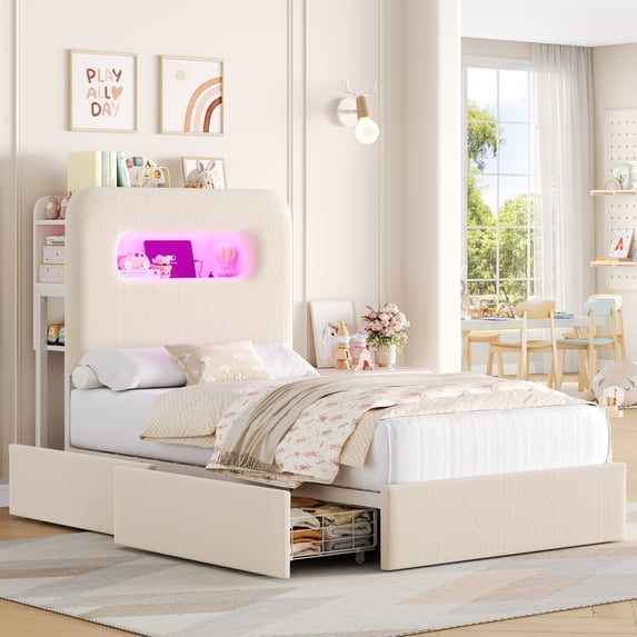 Homfa Twin Size Velvet Upholstered Bed with LED Lights & 2 Drawers, Storage Headboard Platform Bed Frame with USB Ports & Outlets, Off-White