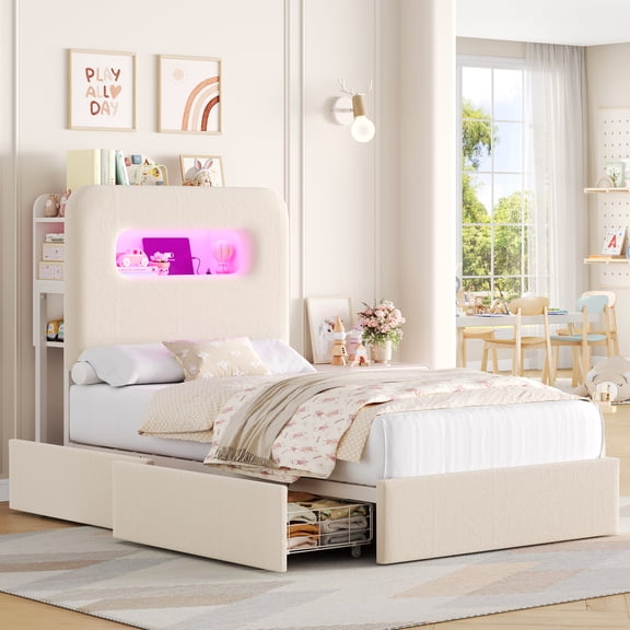 Homfa Twin Size Velvet Upholstered Bed with LED Lights & 2 Drawers, Storage Headboard Platform Bed Frame with USB Ports & Outlets, Off-White