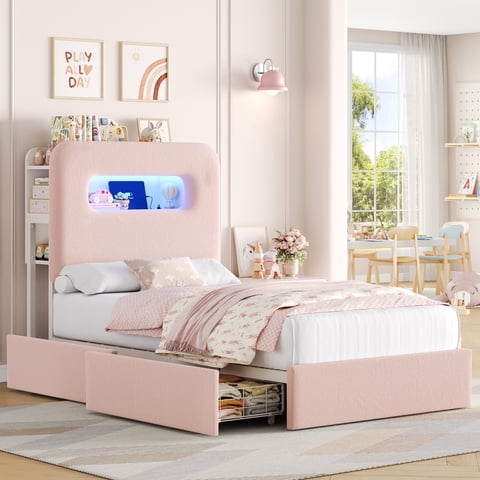 Homfa Twin Size Velvet Upholstered Bed with LED Lights & 2 Drawers, Storage Headboard Platform Bed Frame with USB Ports & Outlets, Pink