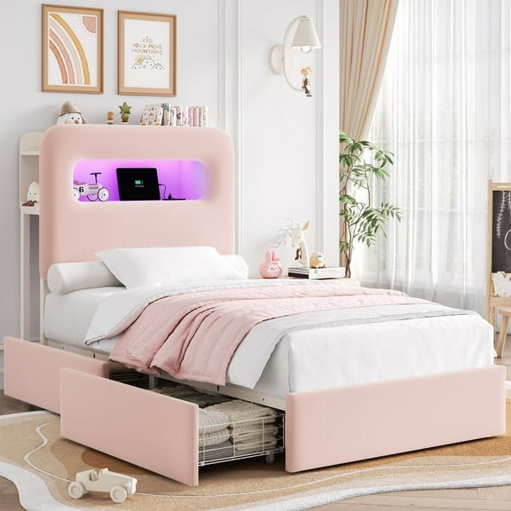 Homfa Twin Size LED Bed with Storage Headboard & 2 Drawers, Velvet Upholstered Platform Bed Frame with USB Ports & Outlets, Pink（Wooden Slats+2 Drawers + 1-Tier Side Shelf)