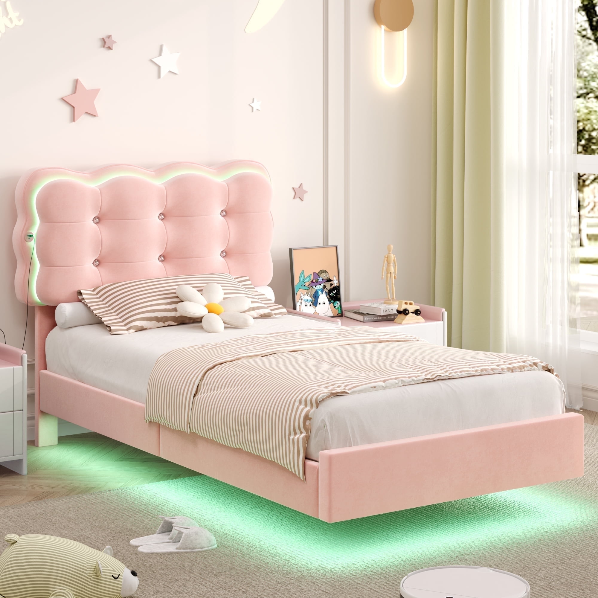 Homfa Twin Size Floating Bed Frame with Led & Charging station, Velvet upholstered bed frame with Ajustable Crystal Button Tufted Headboard, Pink