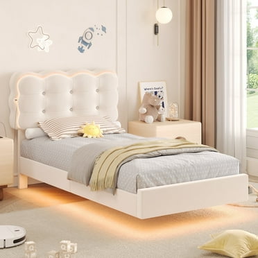 Homfa Twin Size Upholstered LED Bed Frame with USB Ports & Adjustable Crystal Button Tufted Headboard, Velvet Floating Bed Frame for Girls, White