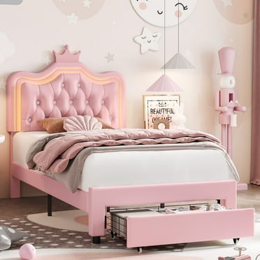 Homfa Twin Size Kids Bed, LED Upholstered Bed with Adjustable Crystal Button Tufted Crown Headboard, Soft PU Princess Platform Bed Frame with Storage Drawer, Pink