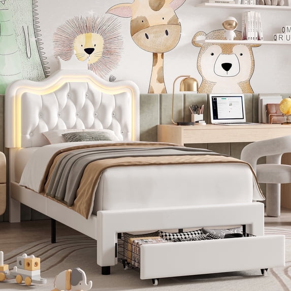 Homfa Twin Size Bed, LED Upholstered Bed with Adjustable Crystal Button Tufted Crown Headboard, Soft PU Platform Bed Frame with Storage Drawer, White