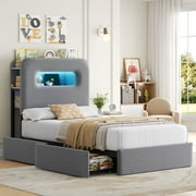 Homfa Twin Size Linen Upholstered Bed with LED Lights & 2 Drawers  Storage Headboard Platform Bed Frame with USB Ports & Outlets, Grey