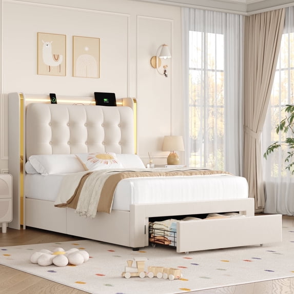 Homfa Twin Size Bed Frame with Storage Drawer and Charging Station, LED Bed Frame with Crystal-Button Tufted Headboard, Beige