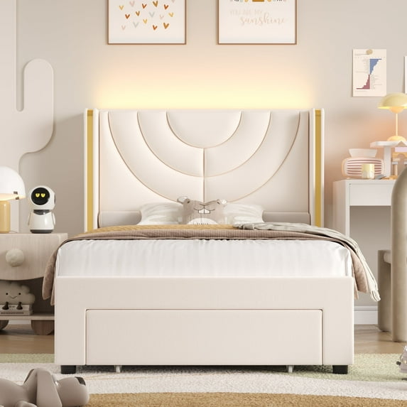 Homfa Twin Size LED Bed Frame with Storage, Wingback Platform Bed with Velvet Upholstered Headboard, Off-White