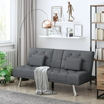 Homfa Upholstered Sofa Bed Couch, Convertible Futon Sleeper Sofa with Removable Armrests and 2 Cup Holders, Dark Gray