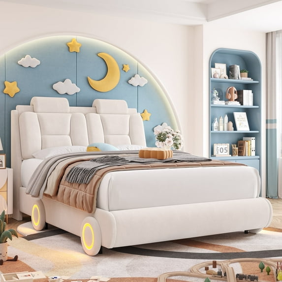 Homfa Queen Size Car Bed Frame with LED Wheels, Velvet Upholstered Platform Bed with Adjustable Headboard and Removable Pillows, Beige