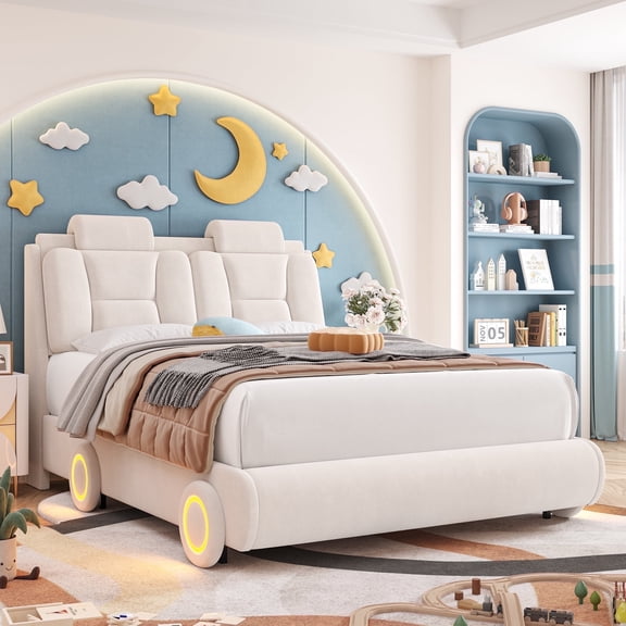 Homfa Queen Size Car Bed Frame with LED Wheels, Velvet Upholstered Platform Bed with Adjustable Headboard and Removable Pillows, Beige