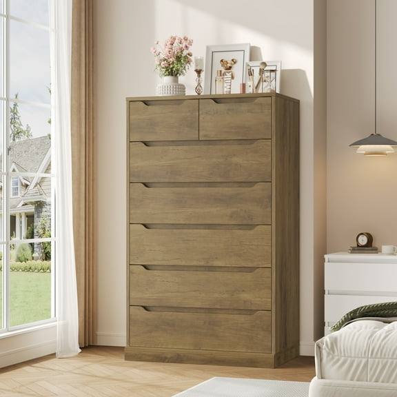 Homfa Vertical 7 Drawer Dresser, 51.3 in Tall Wood Storage Cabinet with Upgraded Stable Base for Bedroom Living Room, Rustic Brown