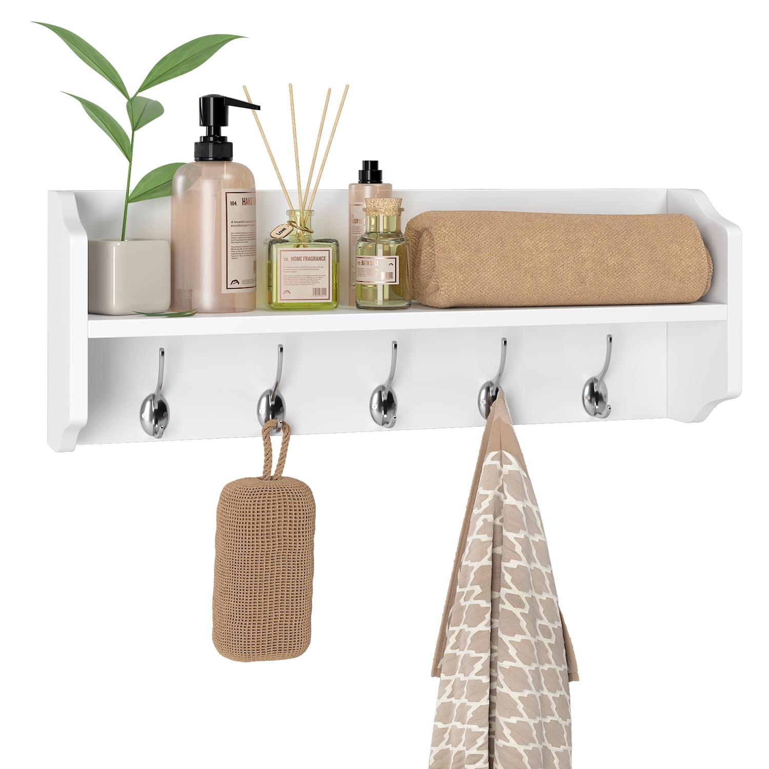 Homode Wall Hooks with Shelf, Wood Coat Rack with Shelf Wall-Mounted,  Entryway Hanging Shelf with 5 Metal Hooks for Clothes Hats Towel Purse  Robes