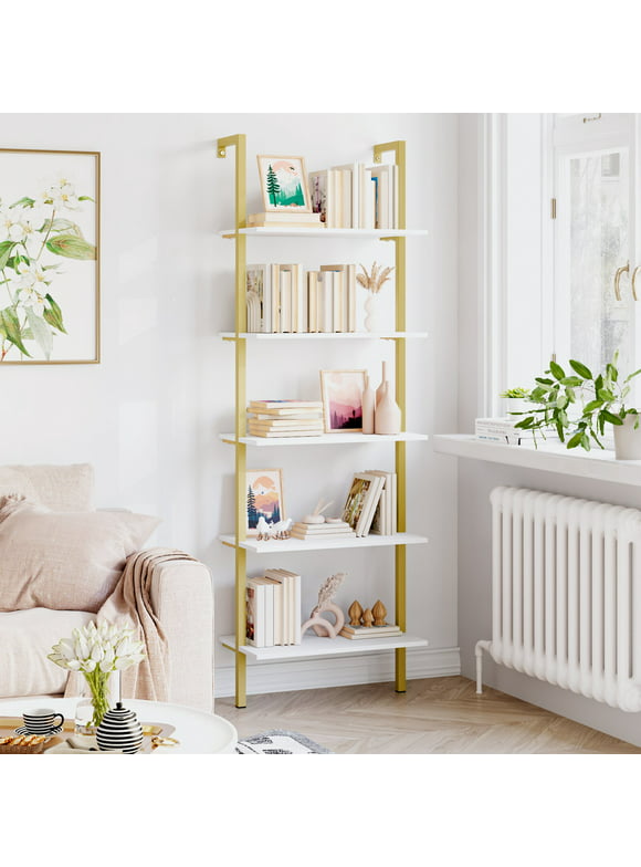 Homfa Wall Mounted Iron Bookcase, 5 Tiers Ladder Shelves with Gold Frame, White Finish