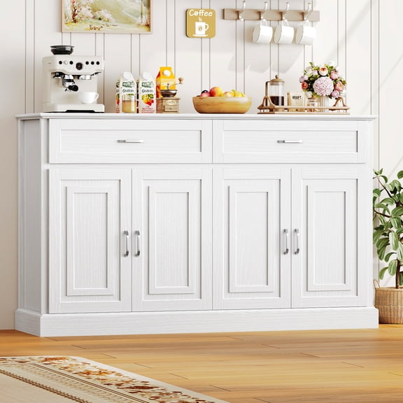 Homfa White Buffet Cabinet with 2 Large Drawers & 4 Doors, 55" W Sideboard Buffet Storage Cabinet with Shelves, Modern Credenza for Kitchen Dining Room Living Room