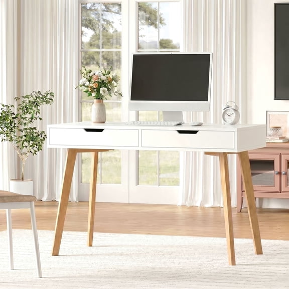 Homfa White Desk with Drawers, Makeup Table for Girls, Study Work Desk Table for Home Office Writing