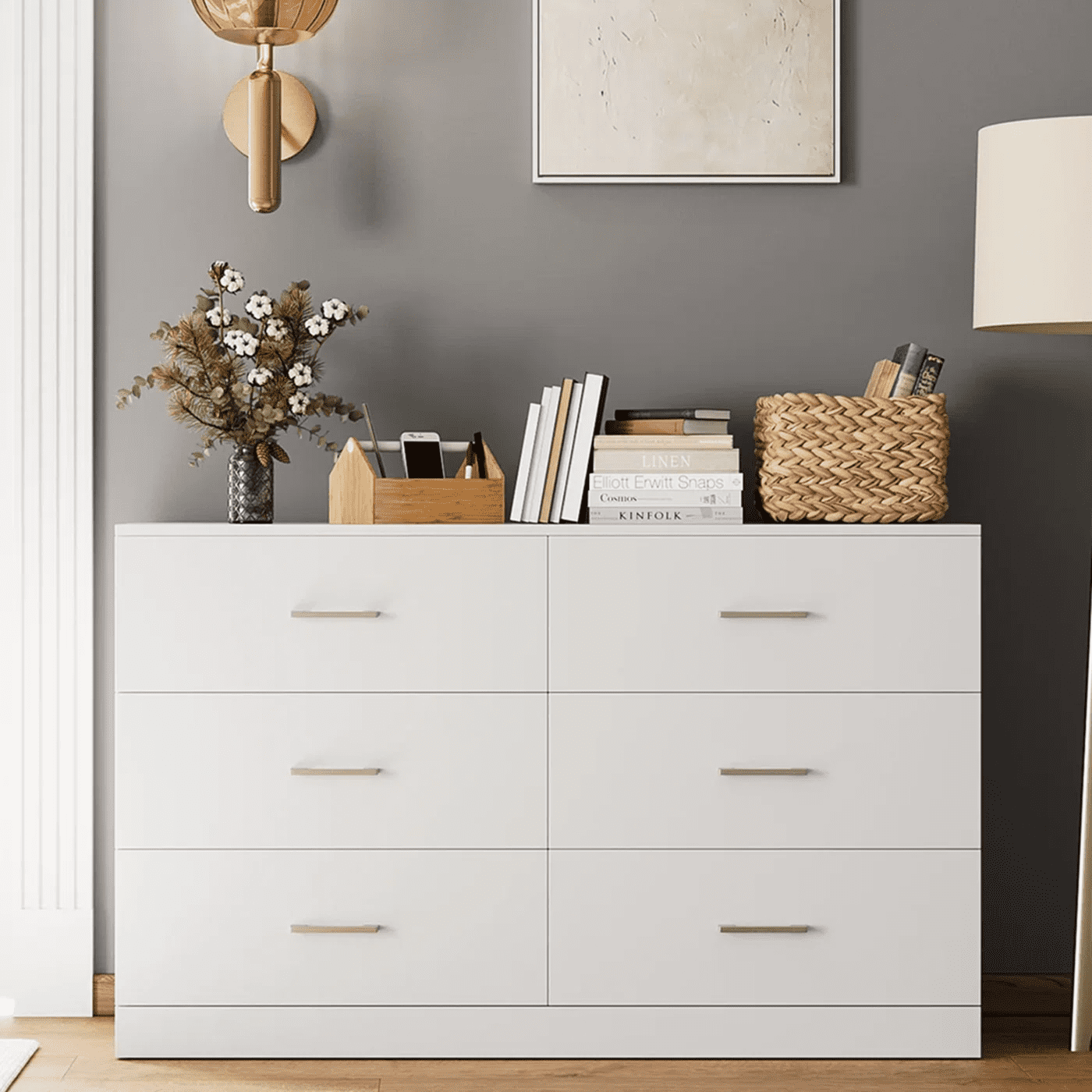 Homfa White Double Dresser with 6 Drawers, Modern Wood Chest of Drawers