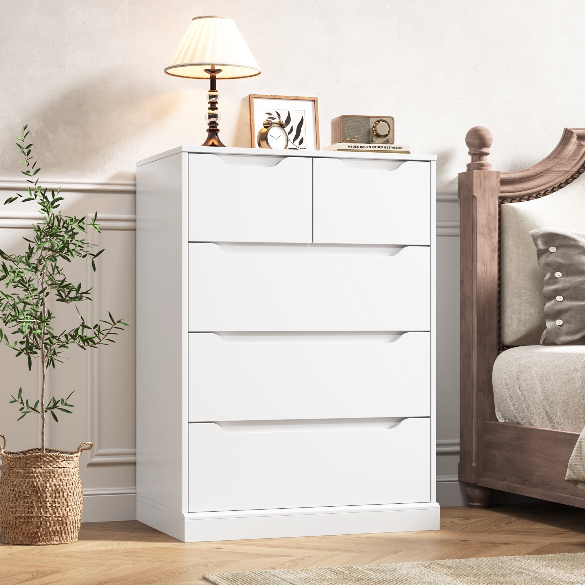 Homfa Tall White Dresser, 5-Drawer Vertical Chest, Handleless Wood