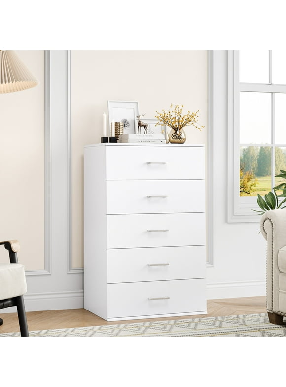 Homfa White Dresser with 5 Drawers, Vertical Chest of Drawers Wood Storage Cabinet for Bedroom Living Room