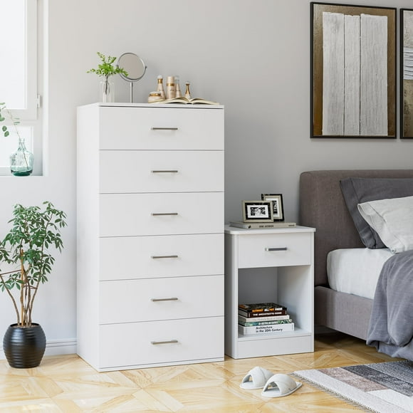 Homfa White Dresser with 6 Drawers, Vertical Chest of Drawers Wood Storage Cabinet for Bedroom Living Room