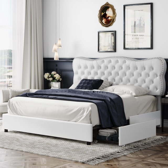 Homfa White King Bed Frame with Drawer, PU Leather Upholstered Storage Platform Bed Frame with