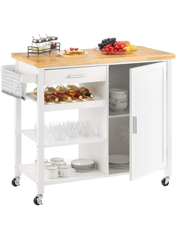 Homfa White Kitchen Island Cart on Wheels with Cabinet & Drawer & 3 Shelves, Rolling Storage Cart with Adjustable Shelves for Dining Room