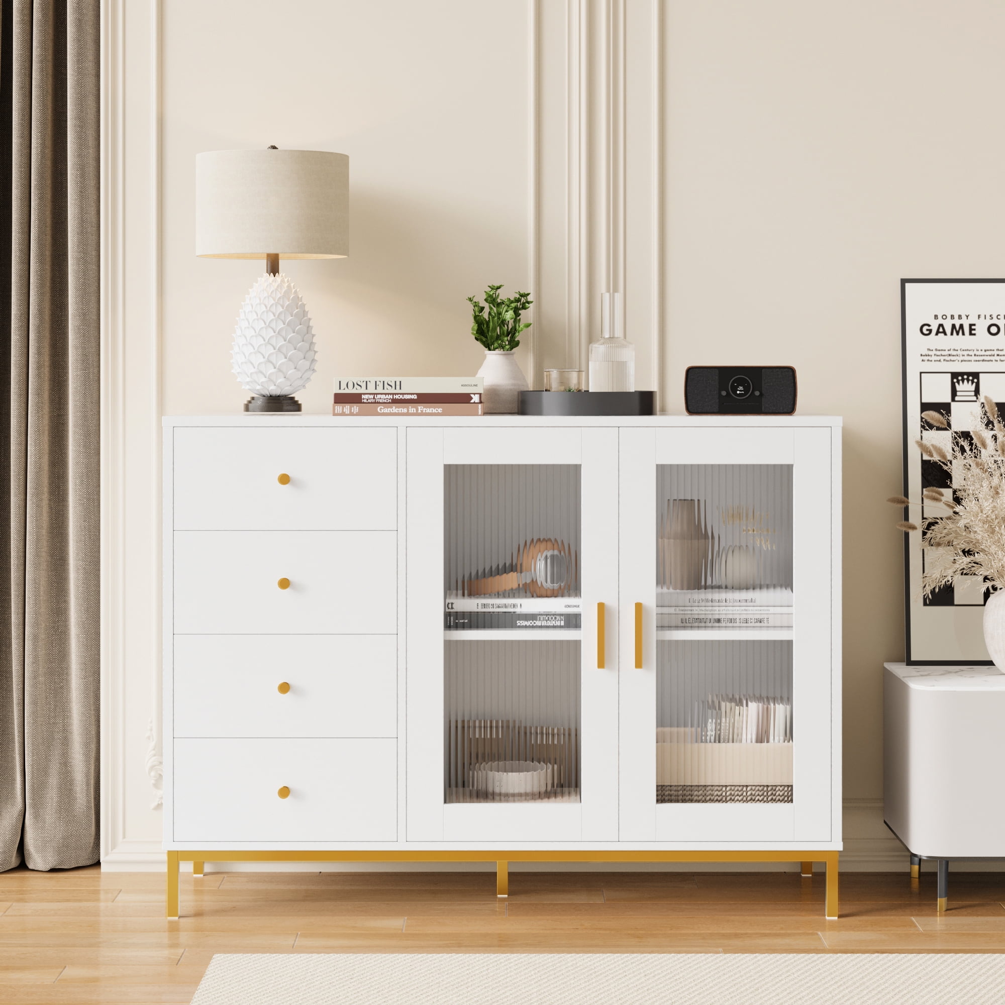 Homfa White Modern Accent with Glass Door, 47.2"L 4 Drawer