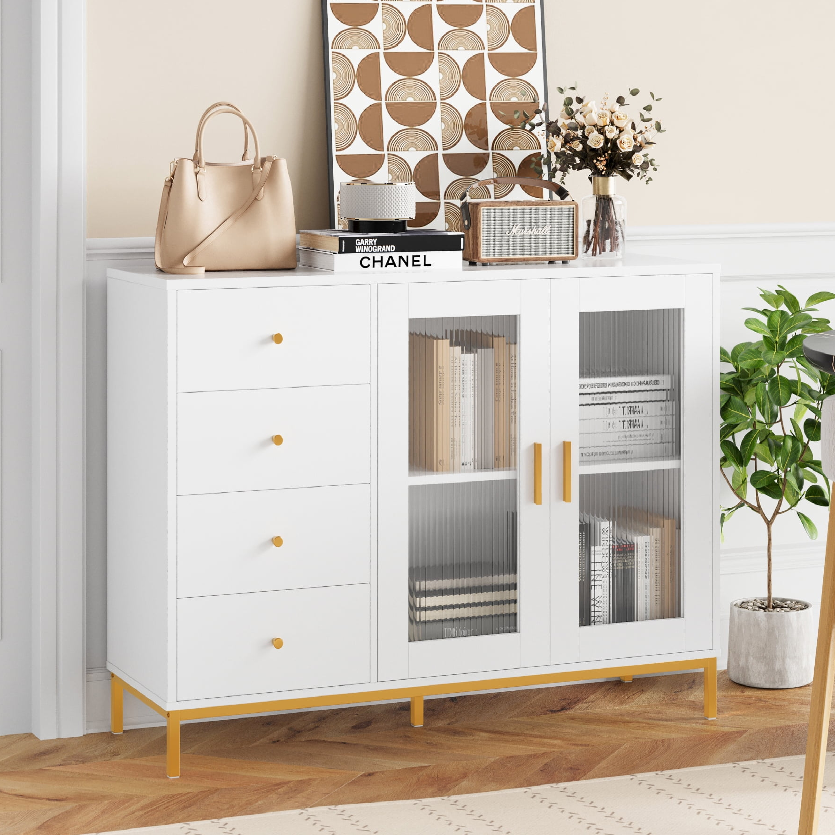 Homfa White Modern Accent with Glass Door, 47.2"W 4 Drawer