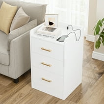 Homfa White Nightstand with Charging Station, 3 Drawers Nightstand for Bedroom, Modern Storage Cabinet for Living Room