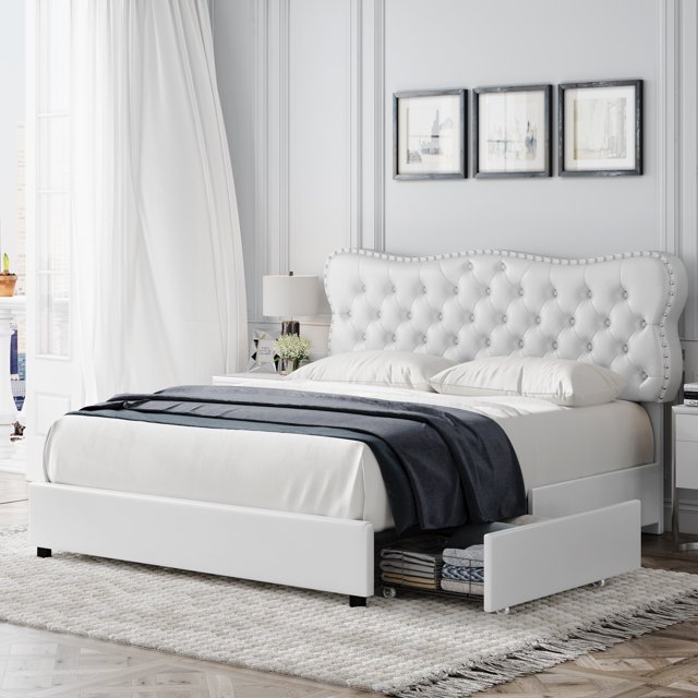 Homfa Queen Size Bed Frame, White PU Leather Upholstered with Storage