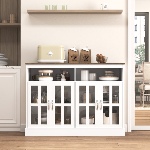 Homfa White Sideboard with Glass Doors, Modern Buffet with