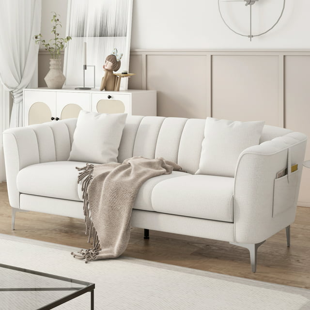 Homfa White 77.2″ Modern Chenille Sofa and Couch with Armrests, Pocket and Stainless Steel Legs